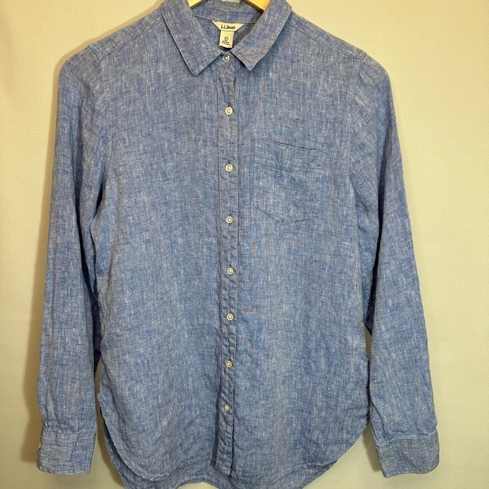 LL Bean Womens Linen Shirt Blue Chambray Blouse Top Buttons Long Sleeve Beach XS